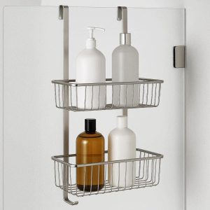 25 Stainless Steel Over The Door Shower Caddy With Two Baskets For Large Bottle Bathroom Storage