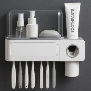 26 Wall Mounted Toothbrush Holder With Automatic Toothpaste Dispenser And Dust Proof Cover Shelves