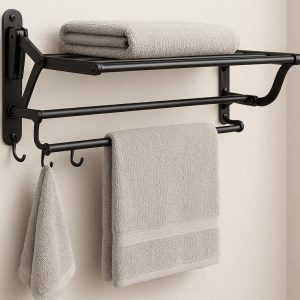 30 Wall Mounted Foldable Bathroom Towel Shelf With Hooks For Space Saving Drying And Storage