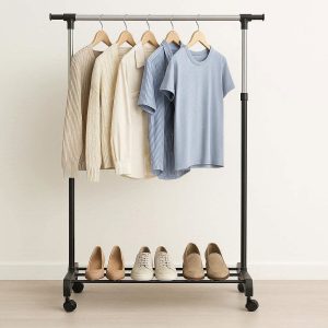 5 Retractable Double Pole Garment Rack With Shoe Rack For Extra Wardrobe Capacity And Home Storage