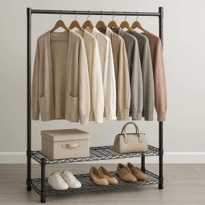 1 Heavy Duty Metal Garment Rack With Bottom Shelves For Professional Bedroom Wardrobe Organization