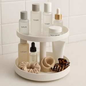 Rotating Bathroom Storage Organizer With Three Tiers For Skincare And Hair Accessory Management