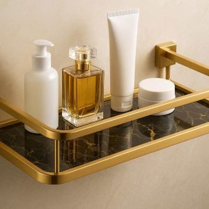 29 Luxury Gold Metal Bathroom Shelf With Marble Pattern Glass For Upscale Vanity Organization